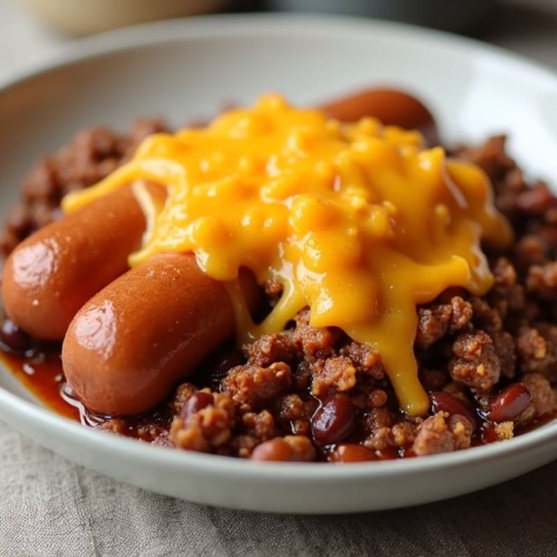 Lean Turkey Franks with Spiced Beef Chili and Melted Sharp Cheddar