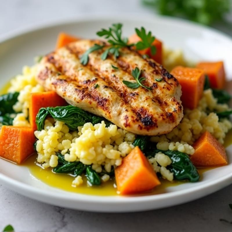 Chicken Egg White Scramble with Spinach and Roasted Sweet Potatoes