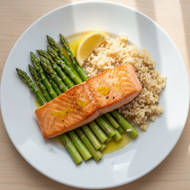 Seared Salmon with Steamed Asparagus and Brown Rice