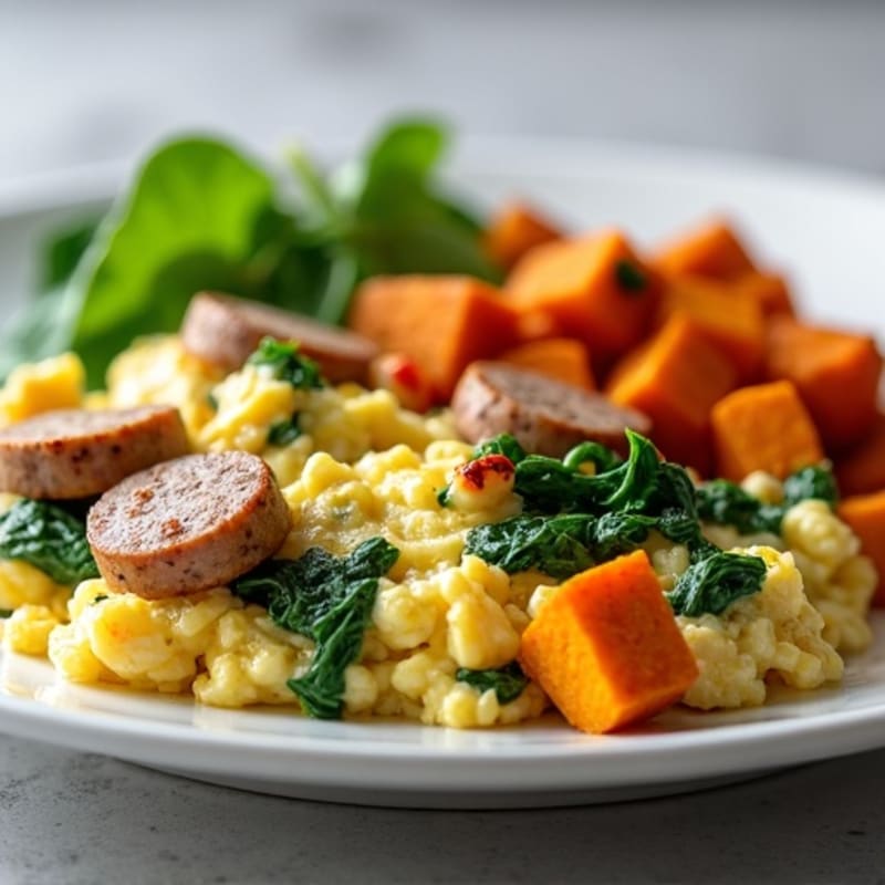 Egg White and Turkey Sausage Scramble with Spinach and Roasted Sweet Potato