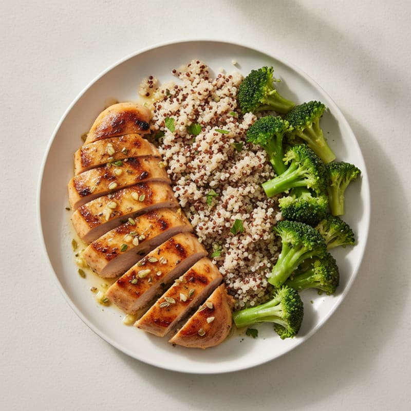 Grilled Lemon Herb Chicken Breast with Quinoa and Steamed Broccoli