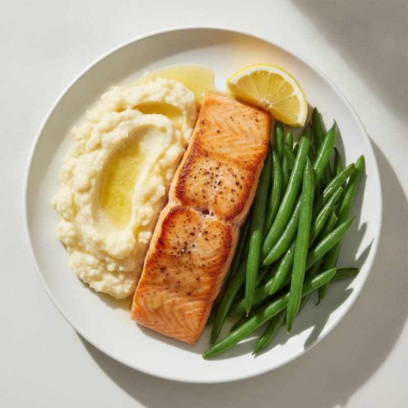 Seared Salmon with Steamed Green Beans and Garlic Mashed Cauliflower