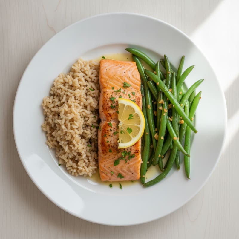 Seared Salmon with Garlic Green Beans and Brown Rice