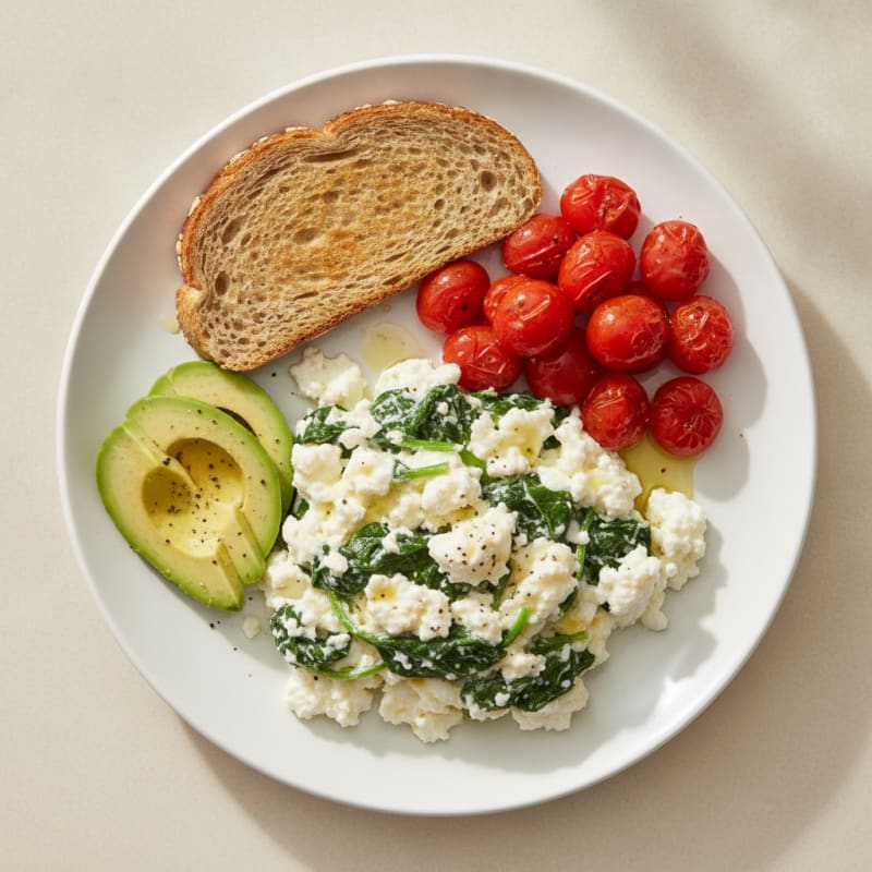 Egg White Spinach Scramble with Cottage Cheese and Cherry Tomatoes