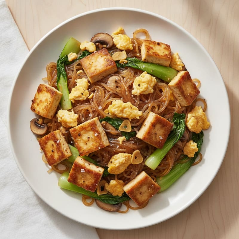 Pan-Seared Tofu with Glass Noodles and Eggs
