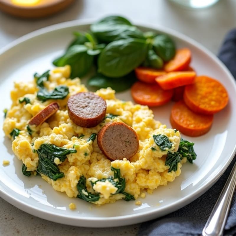 Egg White and Turkey Sausage Scramble with Spinach and Sweet Potato