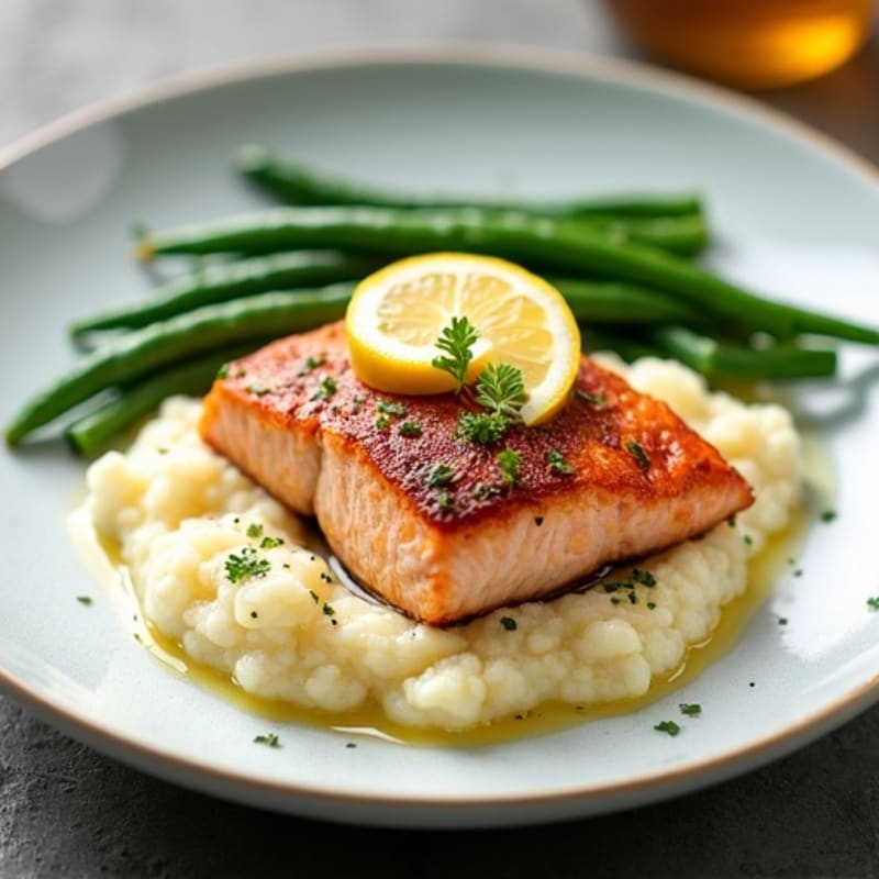 Seared Salmon with Garlic Green Beans and Cauliflower Mash