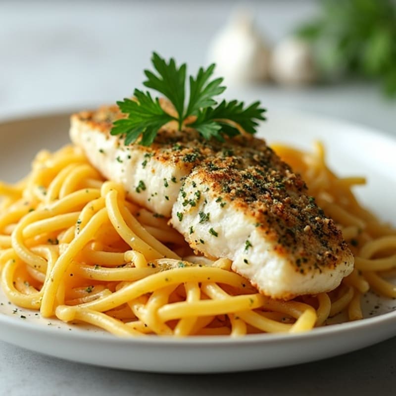 Herb-Crusted Branzino with Lemon Garlic Protein Pasta