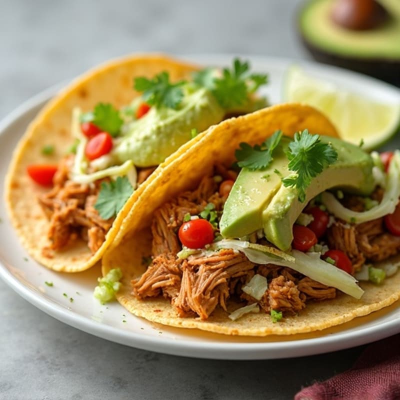 Spicy Shredded Chicken Tacos with Fresh Avocado Crema and Crispy Cabbage