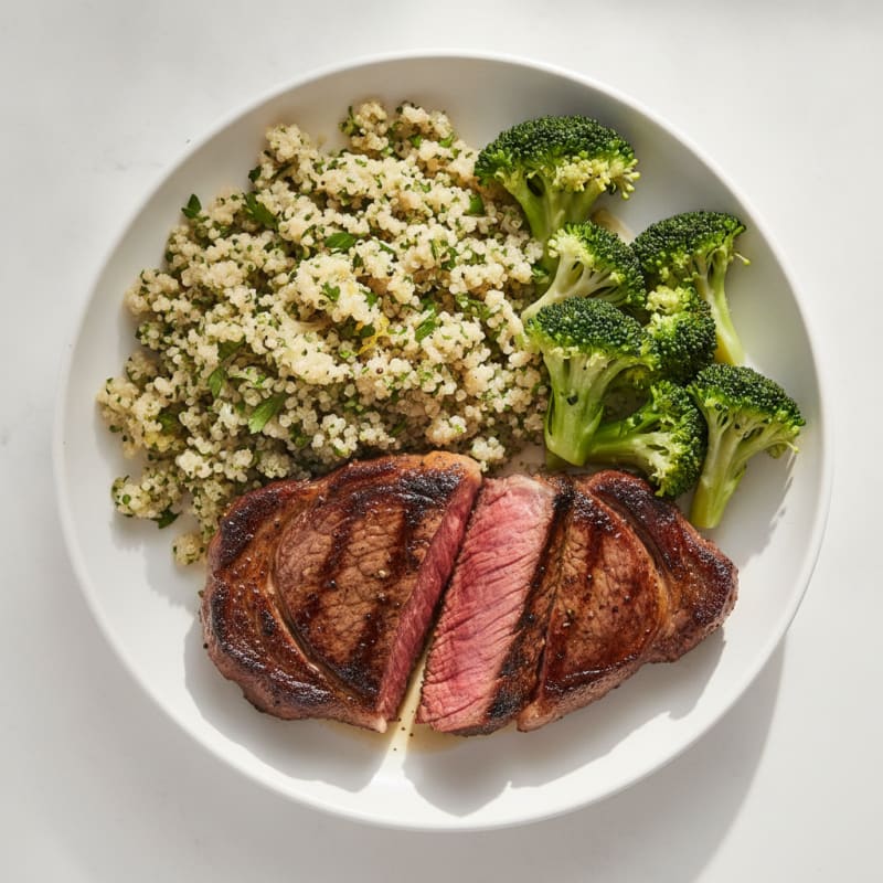 Seared Steak with Steamed Broccoli and Herb Quinoa