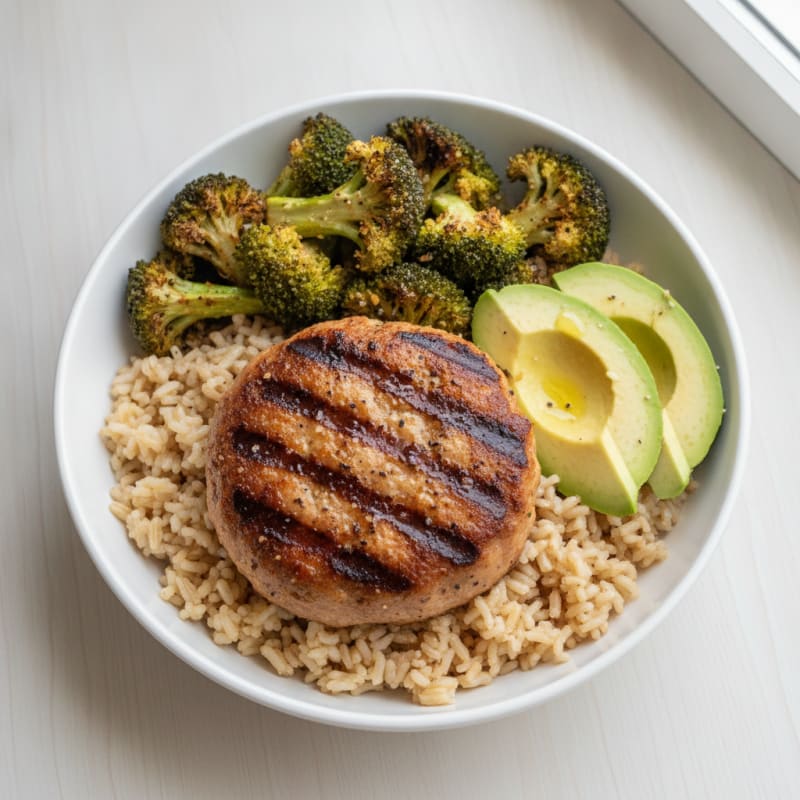 Grilled Turkey Burger Bowl with Brown Rice and Roasted Broccoli