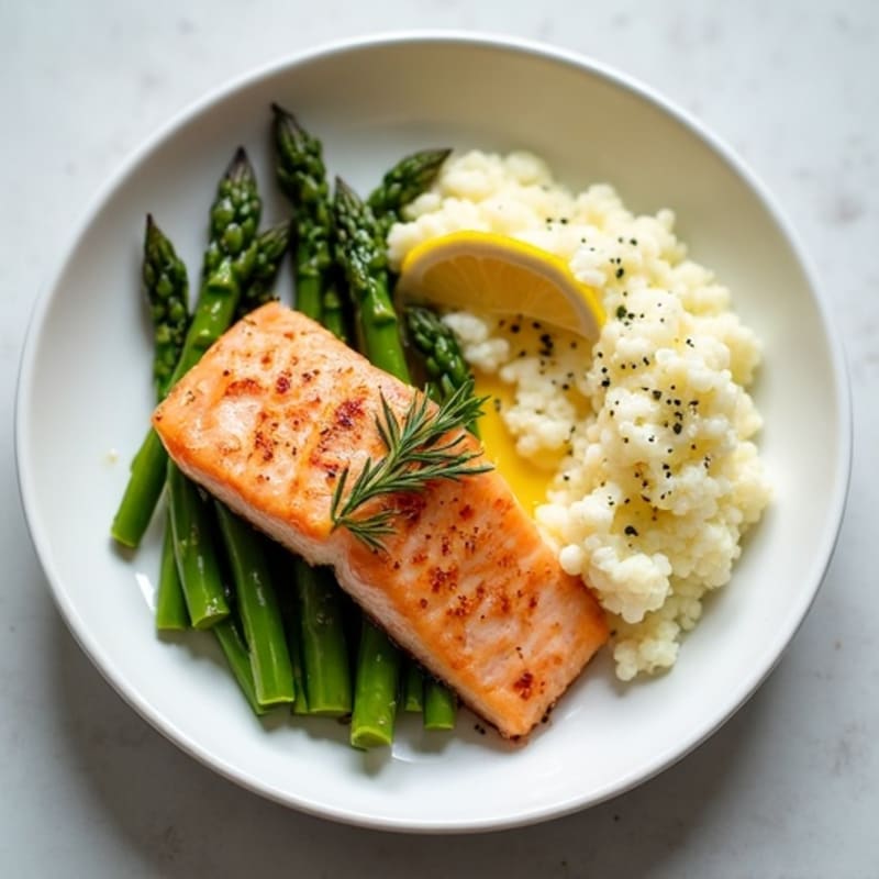 Seared Salmon with Steamed Asparagus and Cauliflower Mash