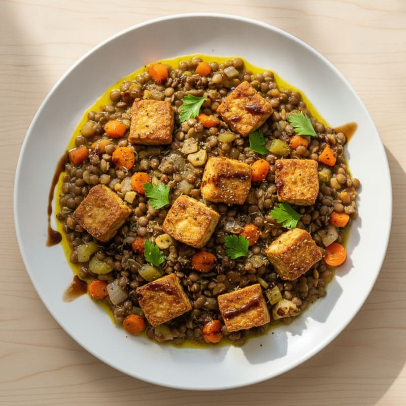Tempeh Confit with Braised Legumes