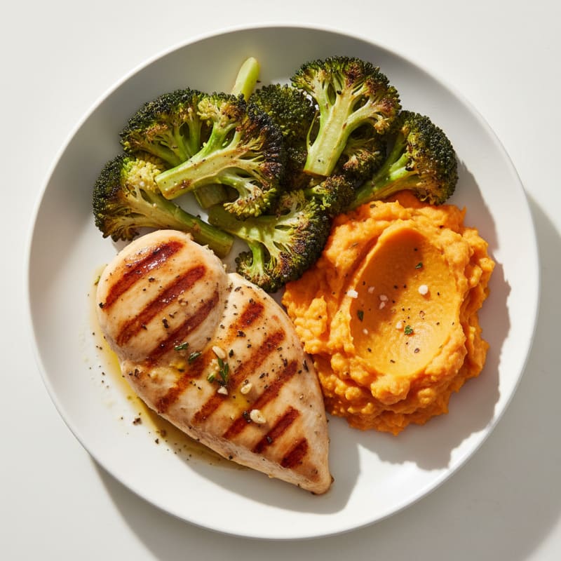 Grilled Chicken Breast with Roasted Broccoli and Sweet Potato Mash