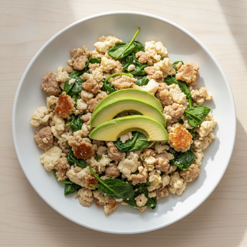 Egg White and Turkey Sausage Scramble with Sautéed Spinach