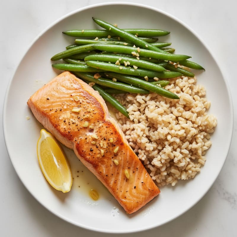 Seared Salmon Fillet with Garlic Green Beans and Brown Rice