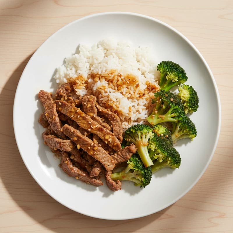 Seared Beef Strips with Steamed Rice and Broccoli