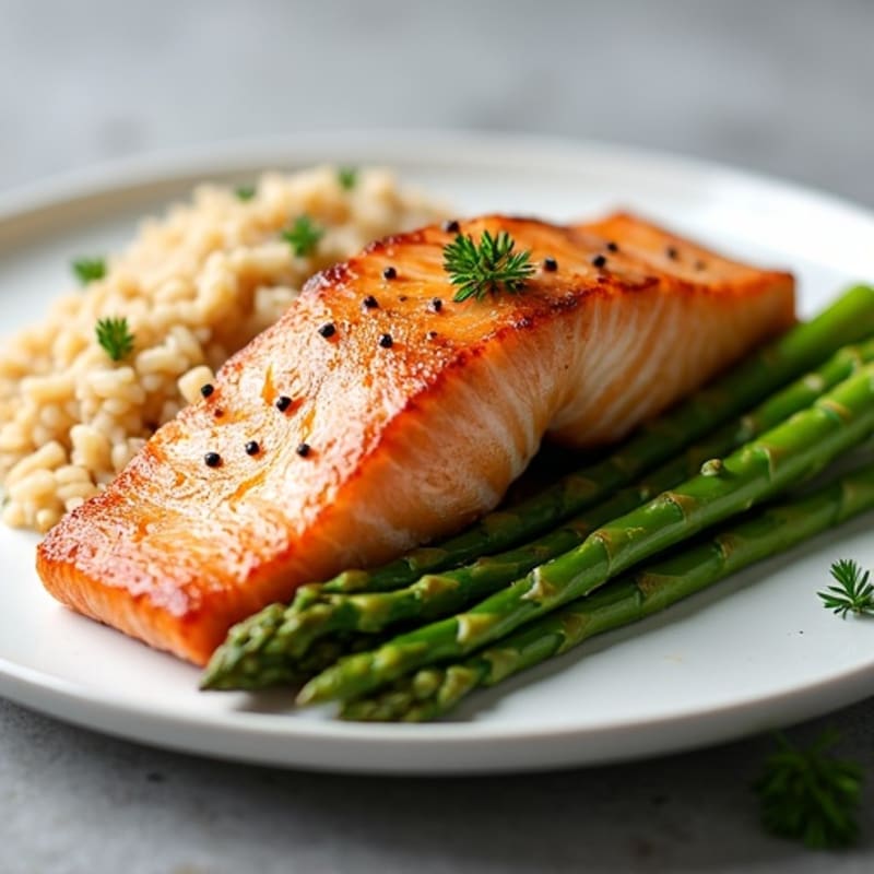 Seared Salmon with Steamed Asparagus and Brown Rice