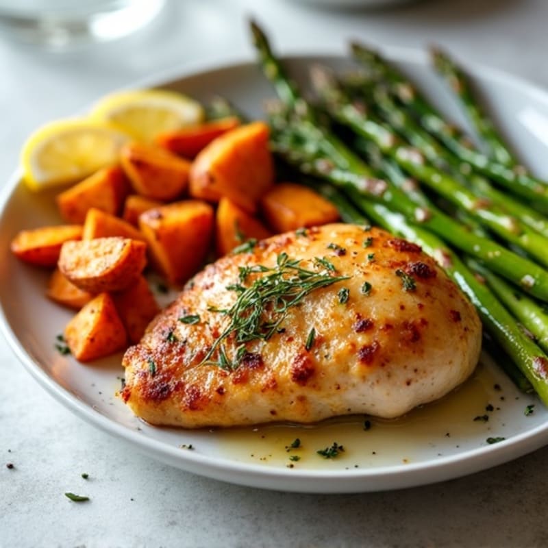 Crispy Lemon Herb Roasted Chicken with Roasted Asparagus and Sweet Potatoes