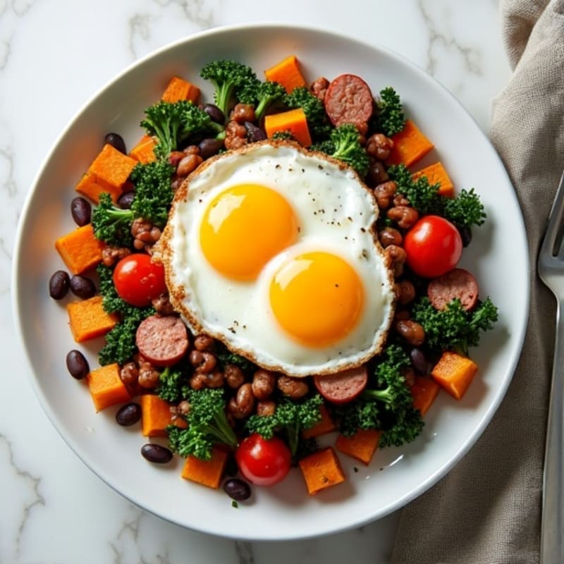 Sweet Potato Hash with Crispy Eggs and Sautéed Greens