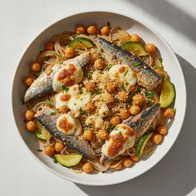 Konjac Noodle Stir-Fry with Mozzarella and Chickpeas