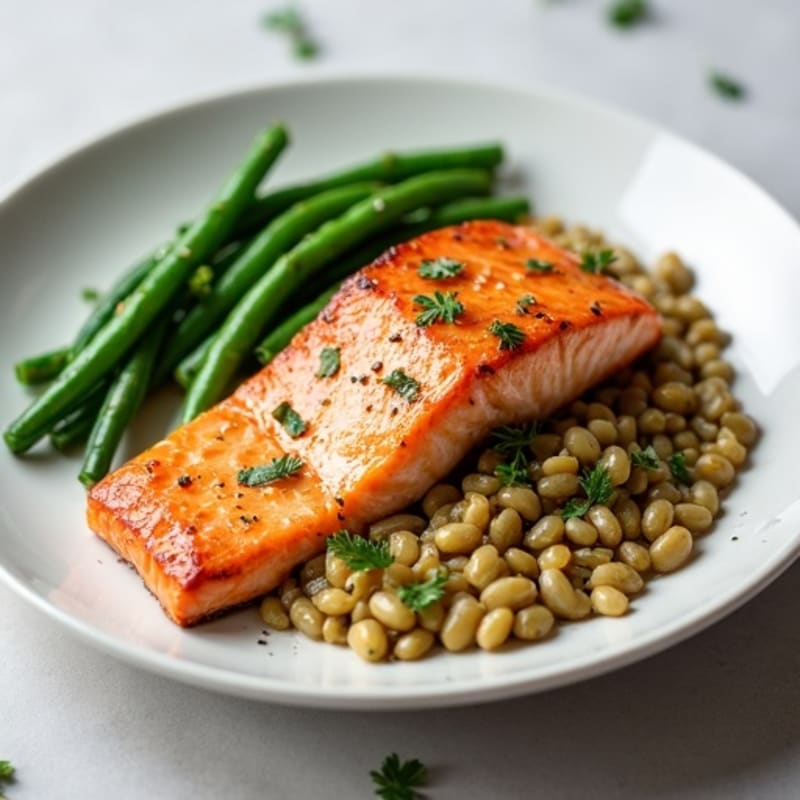 Seared Salmon with Garlic Green Beans and Lentil Mash