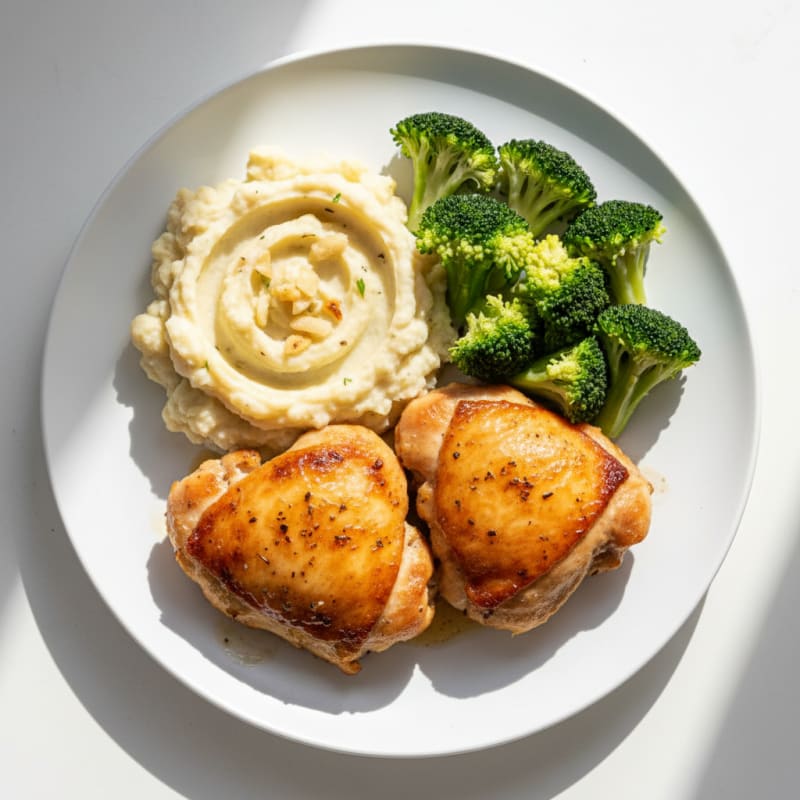 Roasted Chicken Thighs with Steamed Broccoli and Garlic Mashed Cauliflower