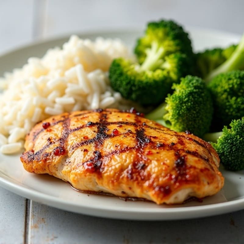 Roasted Chicken Breast with Crispy Broccoli and Fluffy White Rice