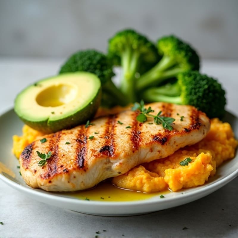 Grilled Chicken Breast with Roasted Broccoli and Mashed Sweet Potatoes
