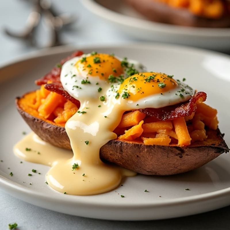 Baked Sweet Potato with Crispy Turkey Bacon and Creamy Cheese Sauce