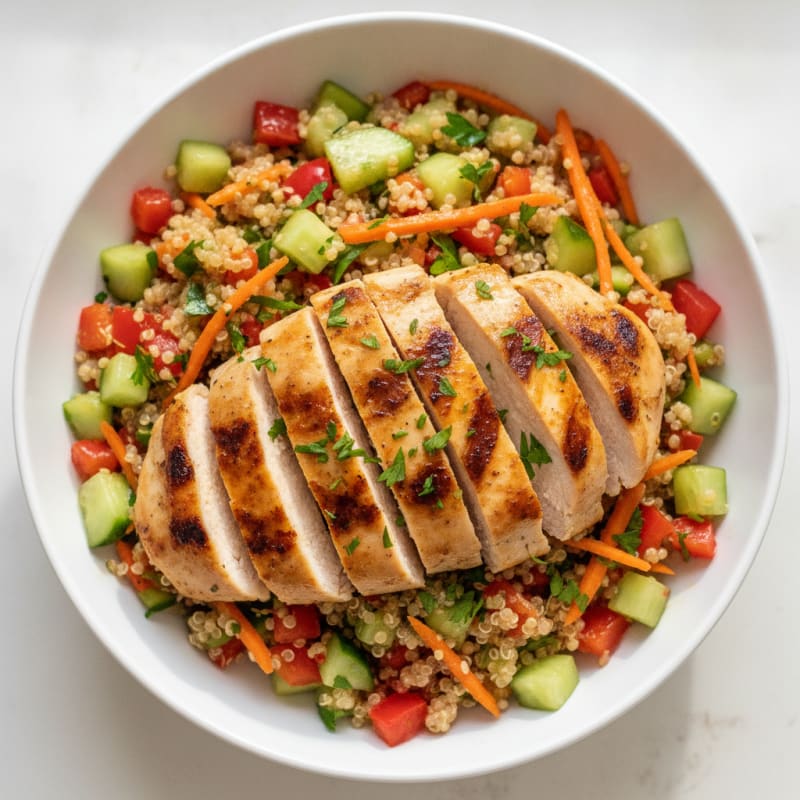 Grilled Chicken Breast Salad with Quinoa and Crunchy Vegetables
