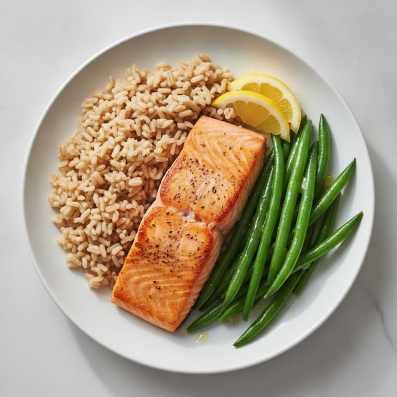 Seared Salmon Fillet with Steamed Green Beans and Brown Rice