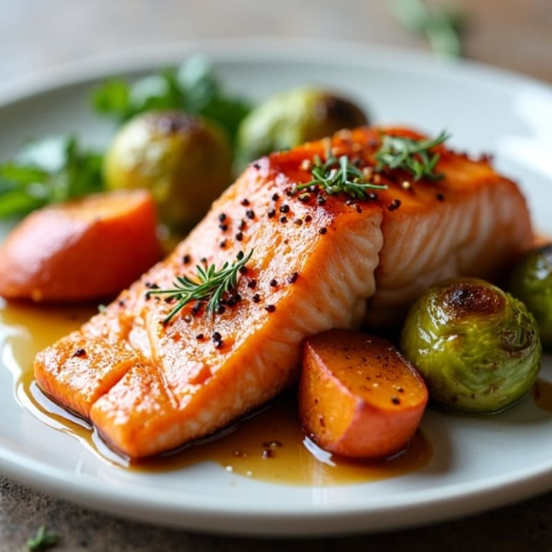 Maple Glazed Salmon with Roasted Sweet Potatoes and Crispy Brussels Sprouts