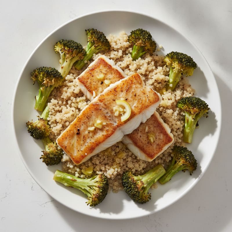Pan-Seared White Fish with Roasted Broccoli and Quinoa