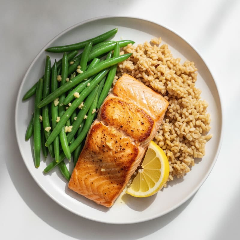Seared Salmon with Garlic Green Beans and Brown Rice