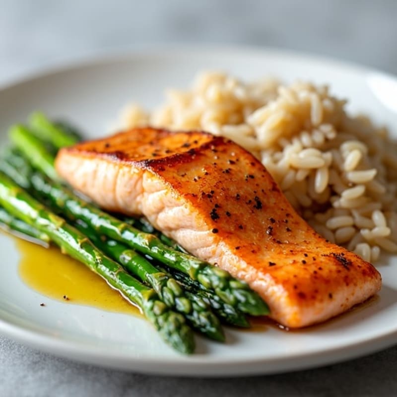 Seared Salmon Fillet with Steamed Asparagus and Brown Rice