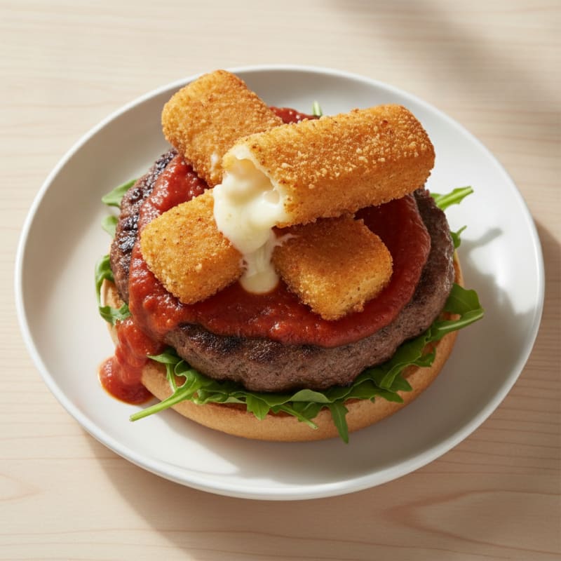 Mozzarella Stick Beef Burger with Marinara