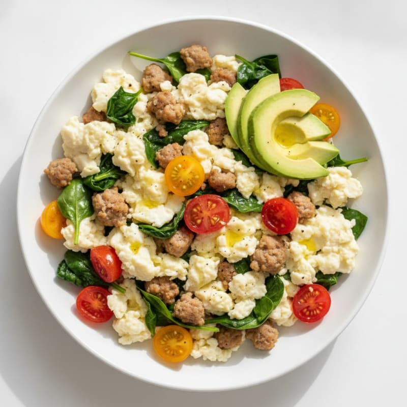 Egg White and Turkey Sausage Scramble with Spinach and Cherry Tomatoes