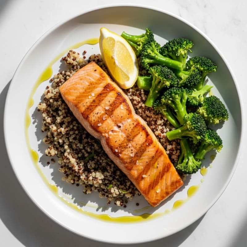 Seared Salmon Fillet with Steamed Broccoli and Quinoa