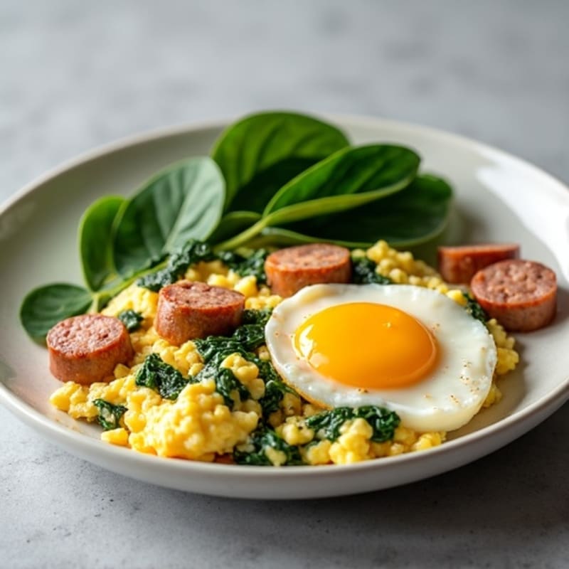 Egg White and Turkey Sausage Scramble with Sautéed Spinach