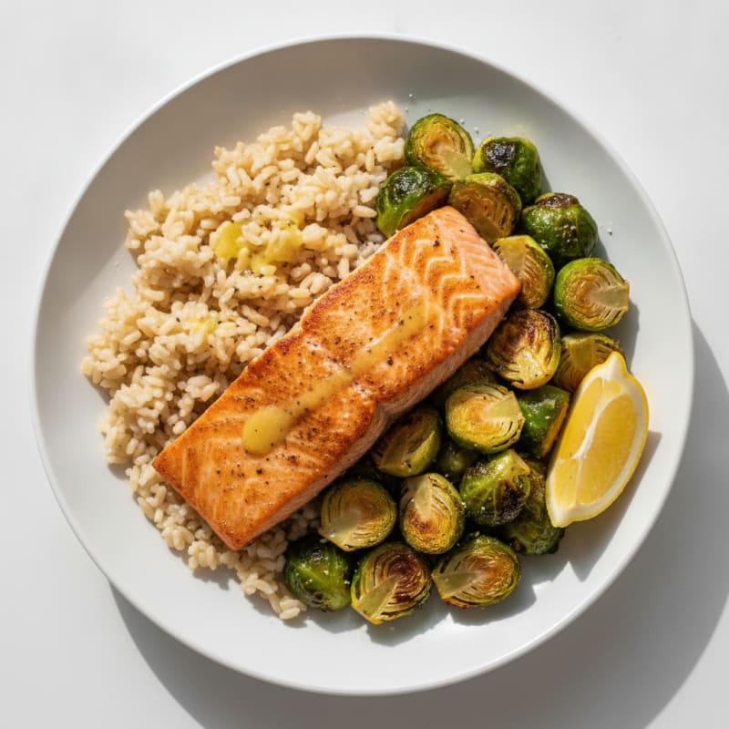 Seared Salmon Fillet with Roasted Brussels Sprouts and Brown Rice