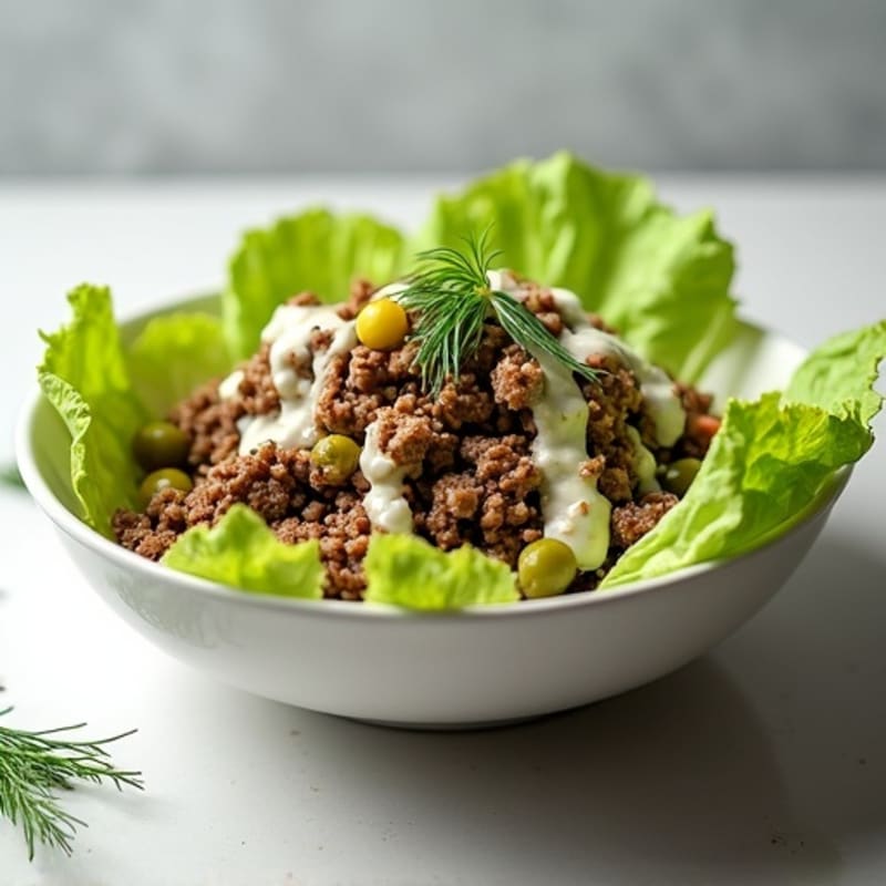 Lean Ground Beef and Crispy Lettuce Bowl with Creamy Dill Pickle Dressing