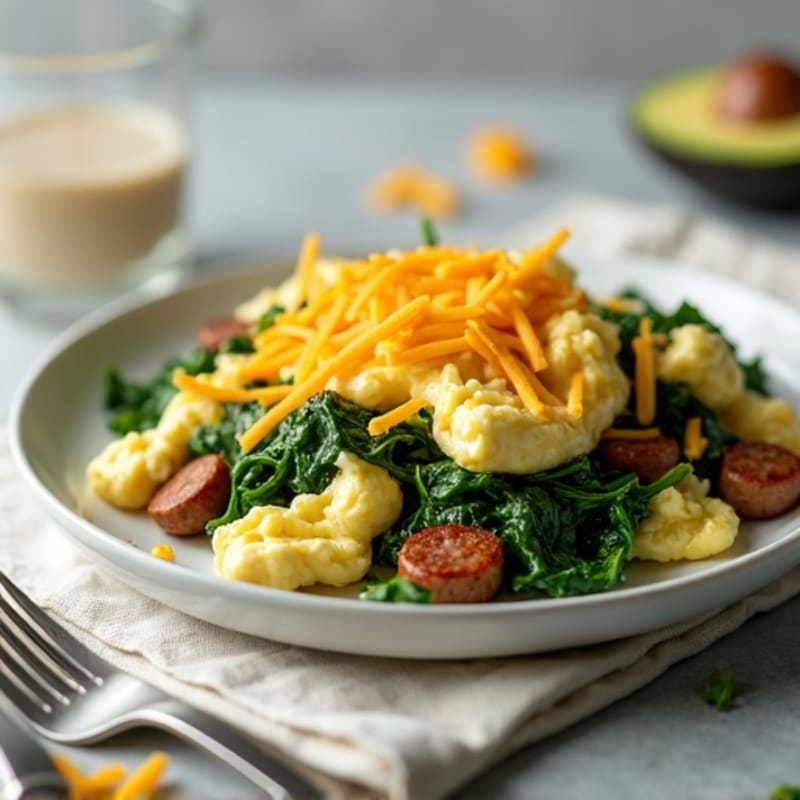 Egg White and Turkey Sausage Scramble with Sautéed Spinach