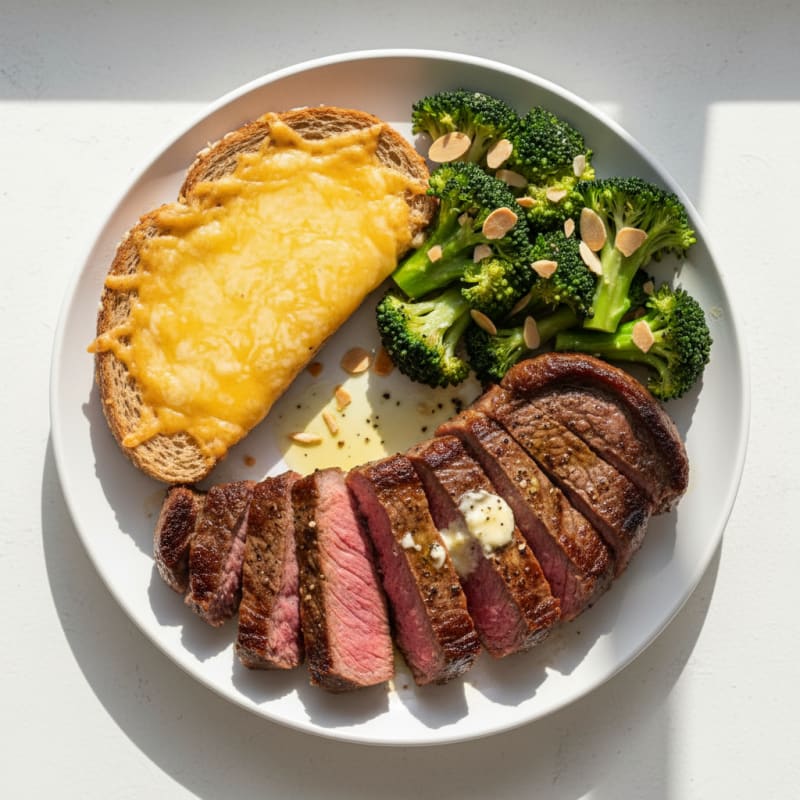 Seared Beef Steak with Steamed Broccoli and Cheesy Brown Bread