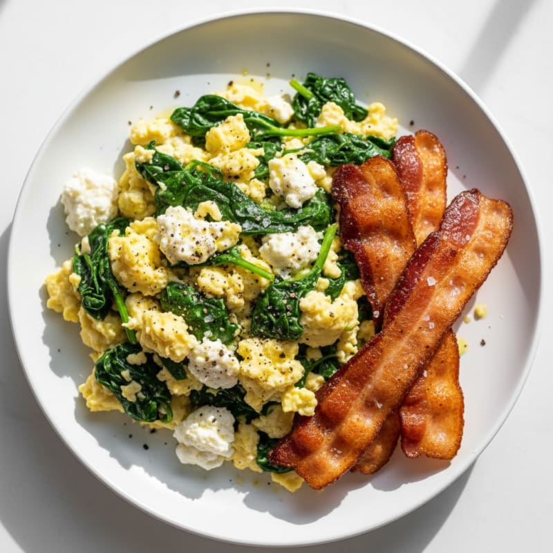 Cottage Cheese Egg Scramble with Spinach and Turkey Bacon