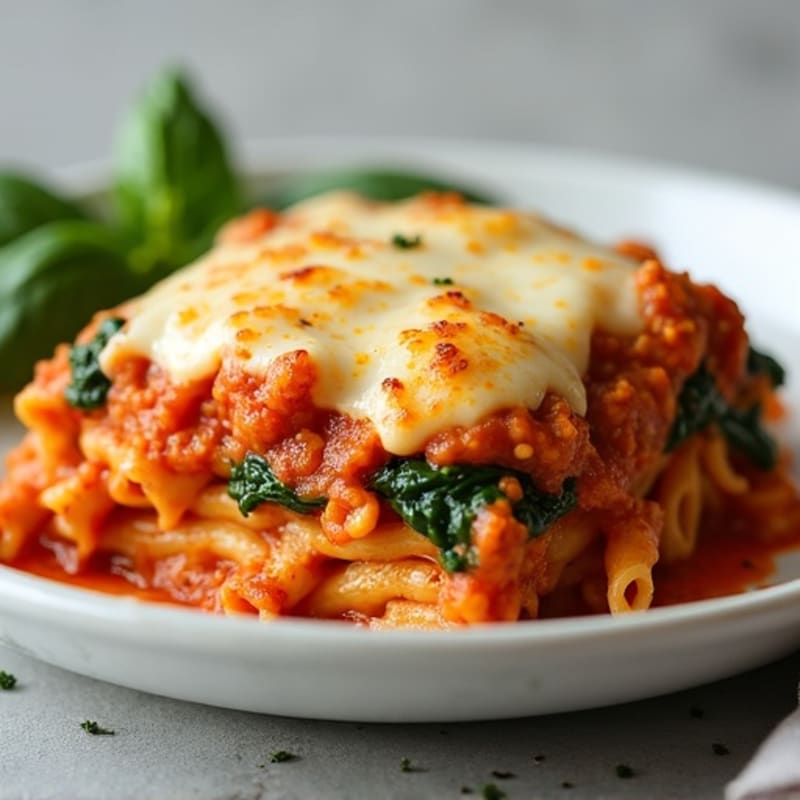 Cheesy Whole Wheat Baked Ziti with Lean Ground Turkey and Spinach