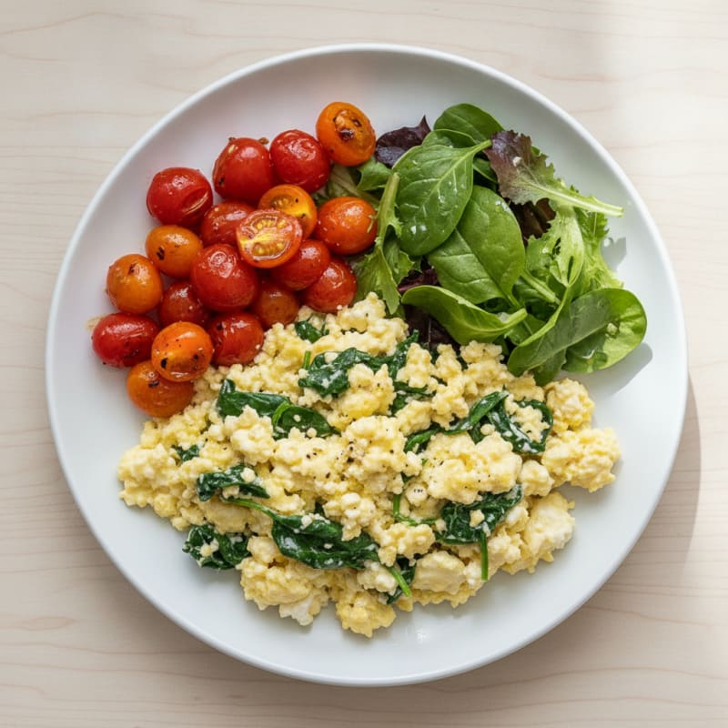 Cottage Cheese Scramble with Spinach and Cherry Tomatoes
