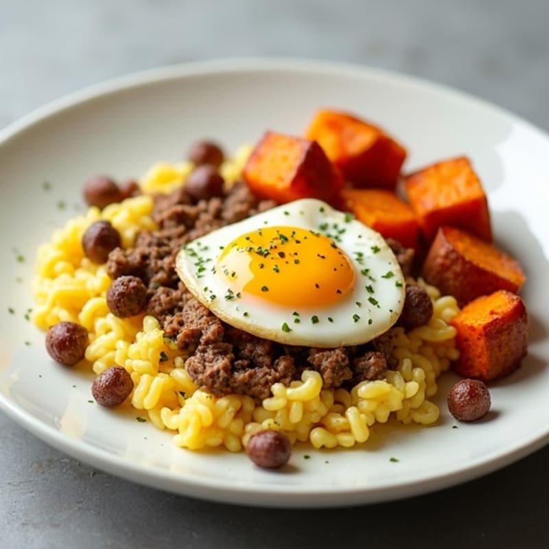Egg White and Mince Meat Scramble with Roasted Sweet Potato