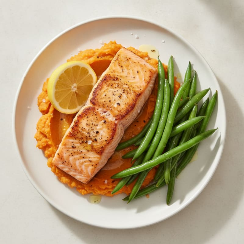 Seared Salmon with Steamed Green Beans and Sweet Potato Mash