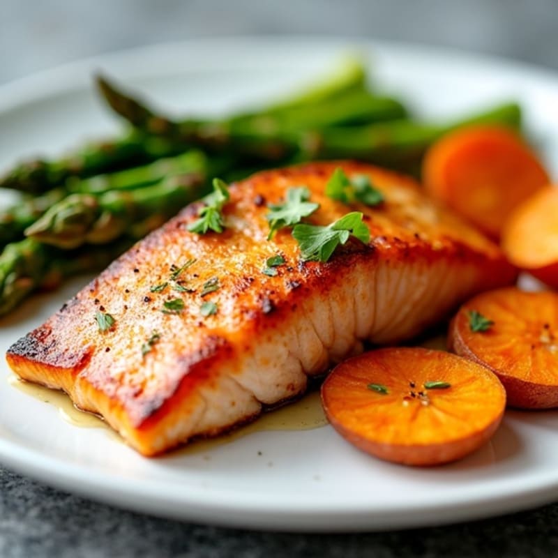 Seared Salmon with Roasted Sweet Potatoes and Asparagus